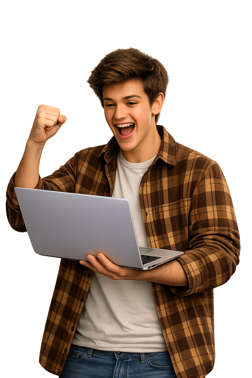 Professional celebrating success with laptop